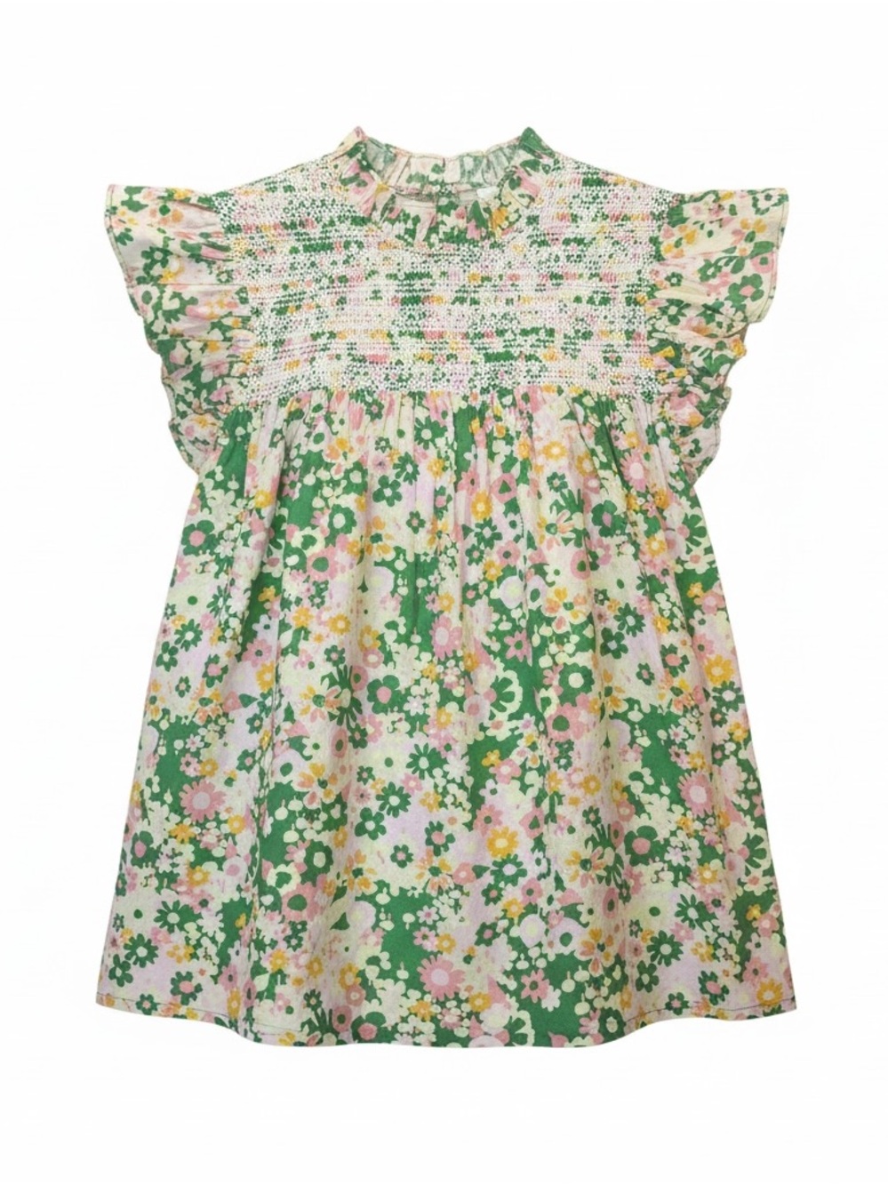 By IRIS Womens Green Pink Floral Cotton Smocked Mock Neck Top Medium